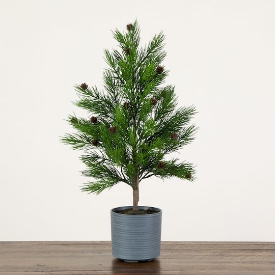 Nearly Natural 22" Artificial Real Touch Cedar Christmas Tree with Pinecones in Gray Decorative Planter